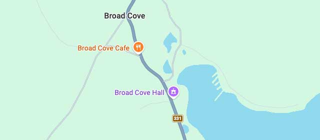 Map showing Broad Cove Hall on Highway 331