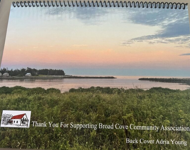 Back cover of the 2027 calendar: an evening sky over the cove and its breakwaters, with a thank-you to supporters of the Broad Cove Community Association.